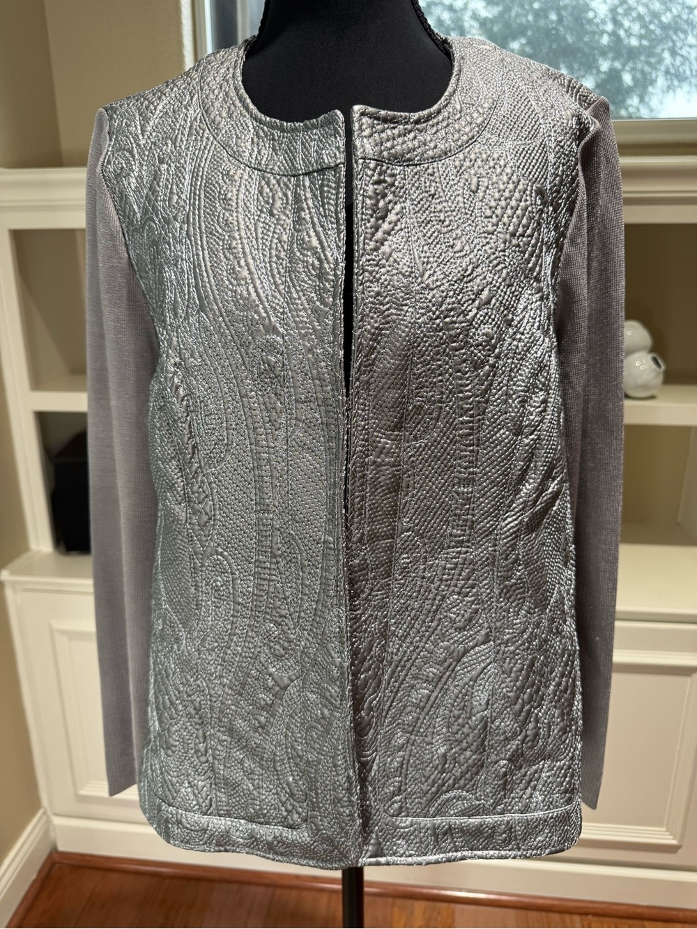 Peter Nygard Silver Jacket Textured Front Open-Front Petite Large Designer Knit